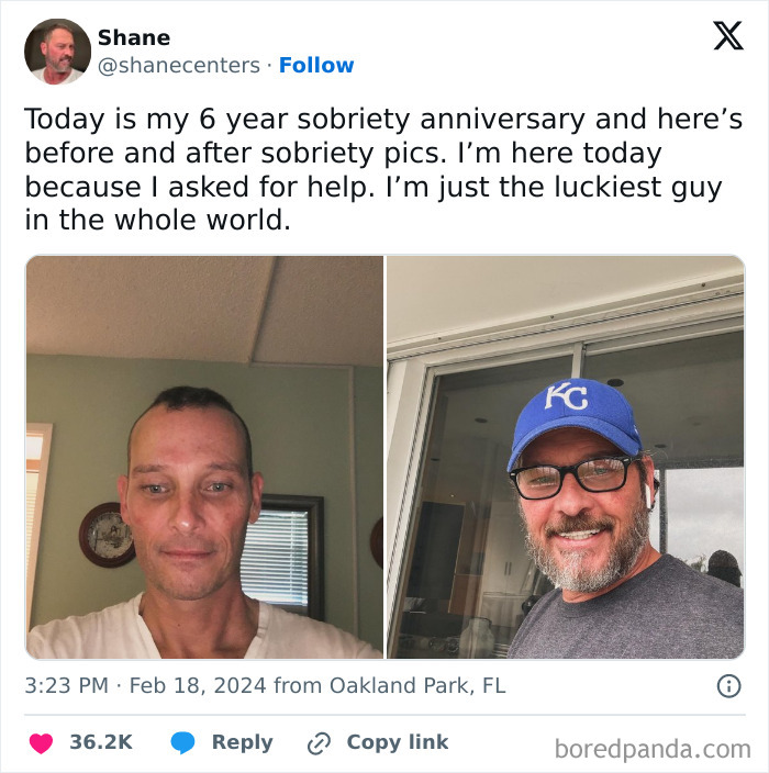 Before and after sobriety photos showing a man’s inspiring transformation and complete reinvention over six years.