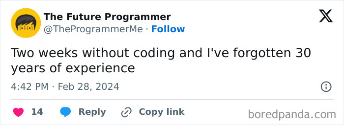 Tweet from The Future Programmer humorously stating that two weeks without coding feels like forgetting 30 years of programming experience.