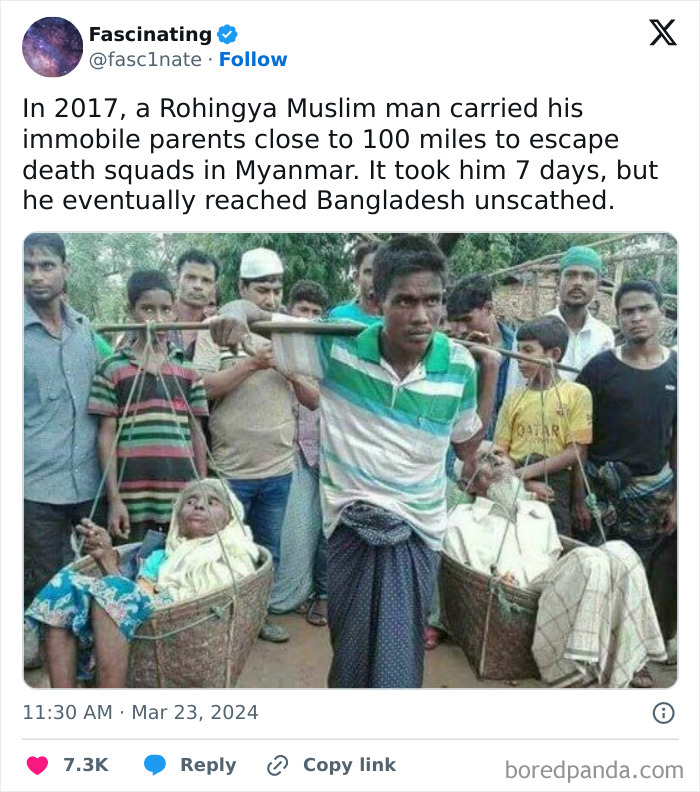 Man carrying his immobile parents in baskets, showing men are good with acts of strength and compassion in a difficult journey.