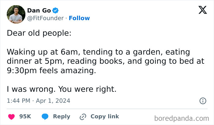 Tweet about simple living routines including early waking, gardening, reading, and appreciating the benefits of having less.