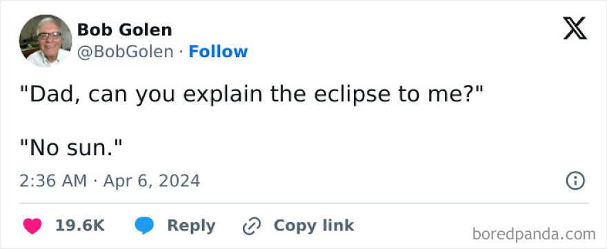 Screenshot of a dad joke tweet about an eclipse, illustrating memes and jokes about dads with typical humor.