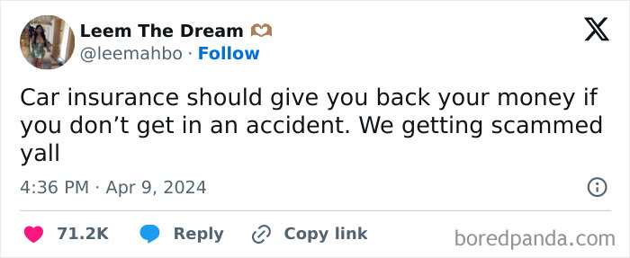 Tweet discussing car insurance scams reflecting dystopic aspects of society, highlighting unfair financial practices and public frustration.