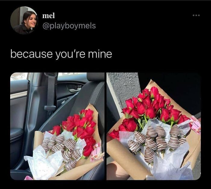 Social media post showing a bouquet of red roses and chocolate-covered strawberries representing hilarious and relatable relationship memes.
