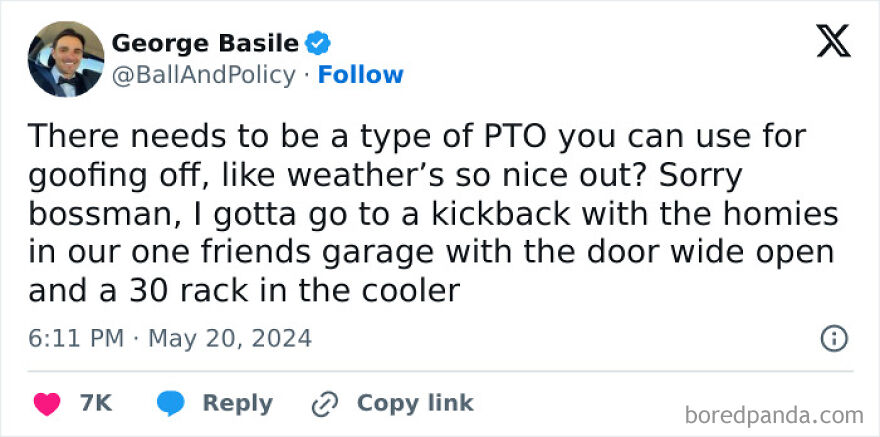 Tweet about needing PTO for goofing off, mentioning a kickback with friends in a garage, related to dad memes and jokes.