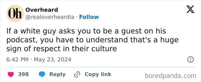 Screenshot of a humorous dating conversation tweet about cultural respect and podcast invitations, part of funny dating eavesdrops.