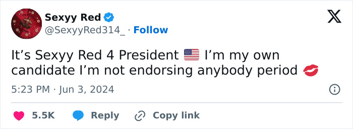 Tweet from rapper Sexyy Red declaring presidential candidacy amid red hat allegations controversy.