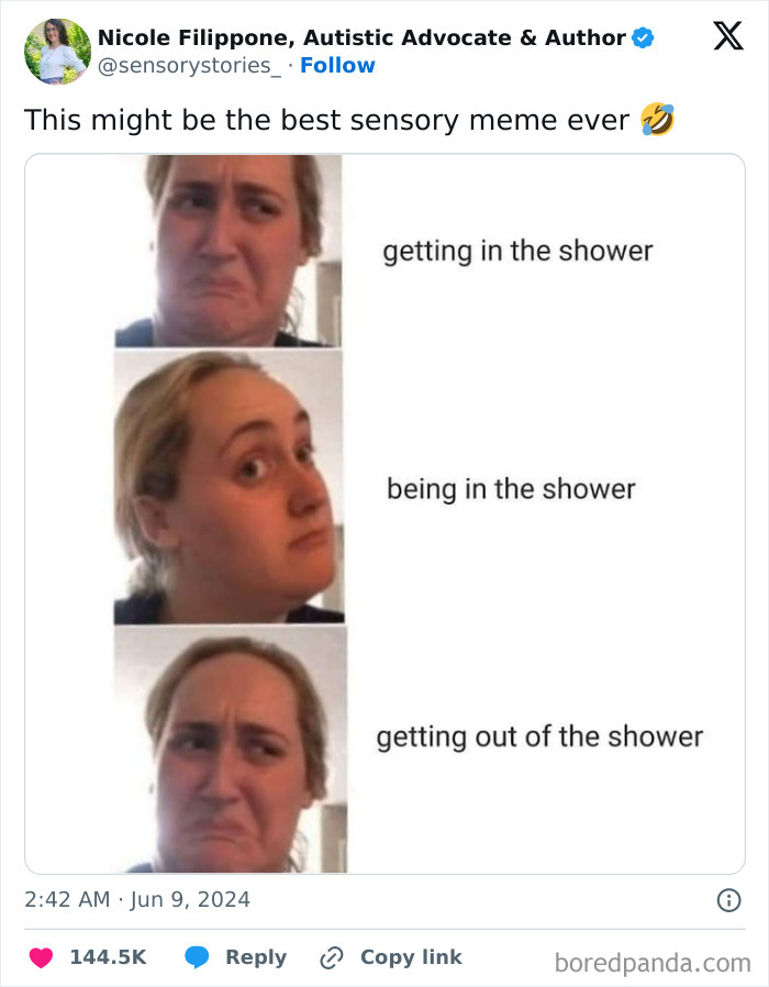 Woman making different faces showing specific moments in daily life that aren't an original experience with shower captions