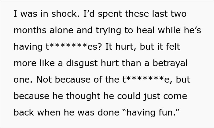 Text excerpt showing emotional reaction after a man proposes two months after his girlfriend dumped him.