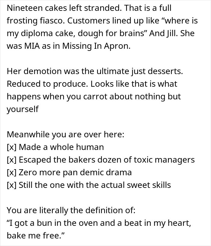 Alt text: Woman takes revenge on bakery manager with perfectly delicious icing on the cake in a baking dispute story