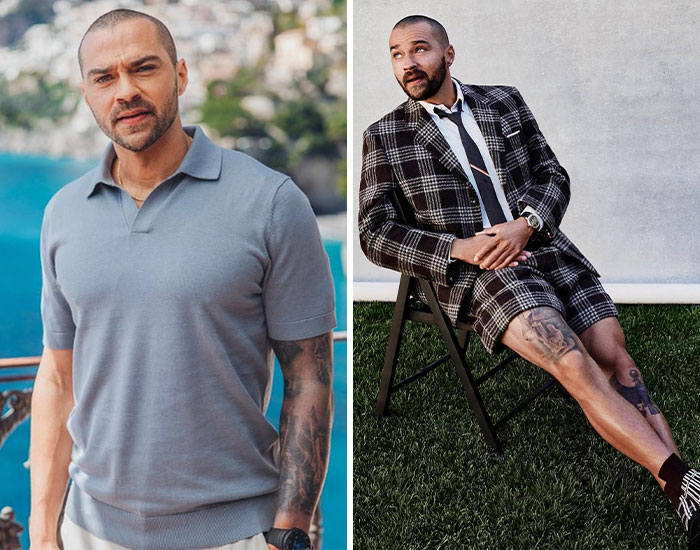 Man showing tattoos on arm and leg, wearing casual and suit outfits, highlighting celebrities with tattoos.