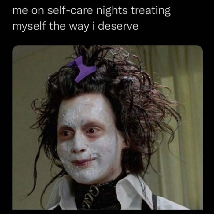 Character from Edward Scissorhands wearing a face mask and messy hair, representing relatable Halloween and horror fan humor.