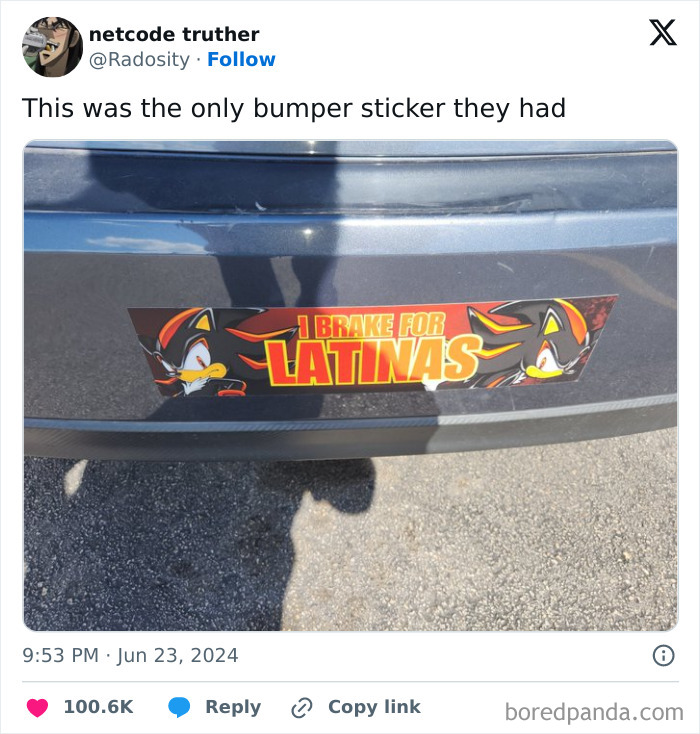 Bumper sticker on car bumper reading I brake for Latinas with cartoon characters on each side.