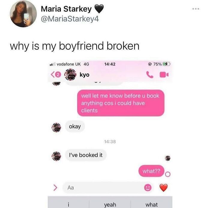 Screenshot of a funny and relatable relationship meme showing a boyfriend booking plans despite being asked to check first.