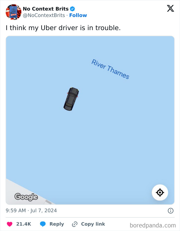 Tweet showing a GPS map with a car icon stuck in the River Thames, a hilarious tweet shared online.
