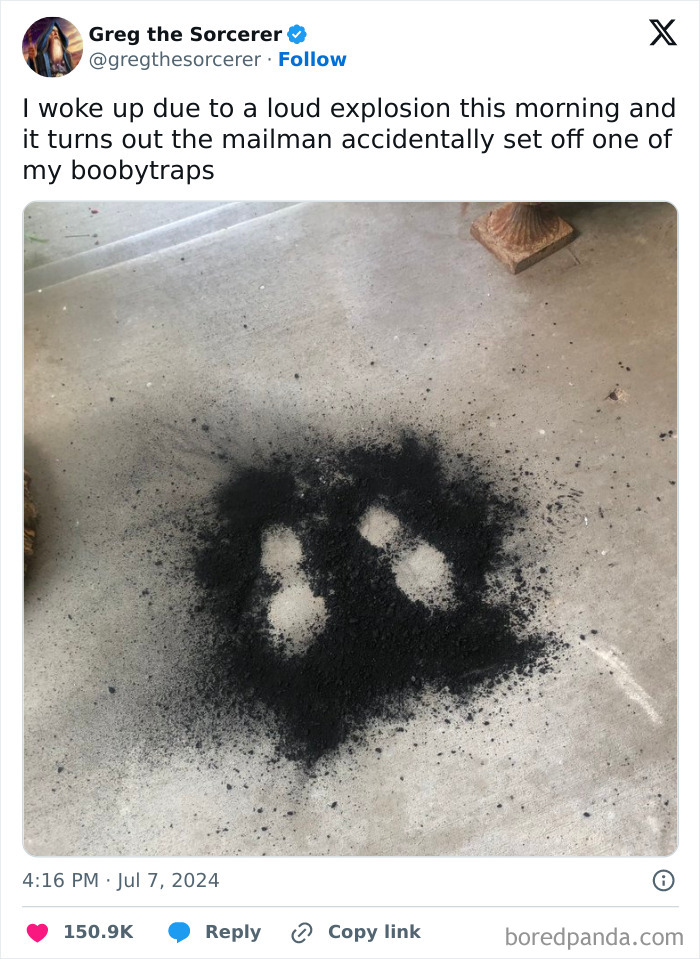 Funny tweet showing burnt footprints on a doorstep after a mailman triggered a boobytrap, capturing hilarious social media humor.