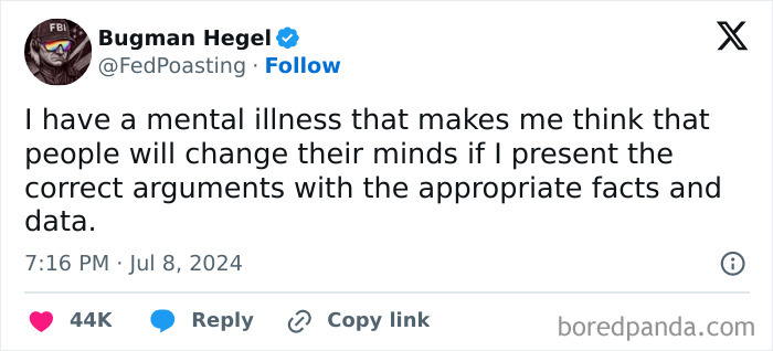 Tweet meme about mental illness humor highlighting the relatable struggle shared on memes to discuss in therapy pages.