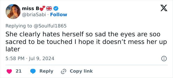 Tweet from user miss B discussing concerns about controversial eye color surgery risking blindness and possible emotional impact.