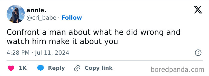 Tweet from the Fight The Patriarchy page sharing a humorous yet truthful post about confronting men and their reactions.