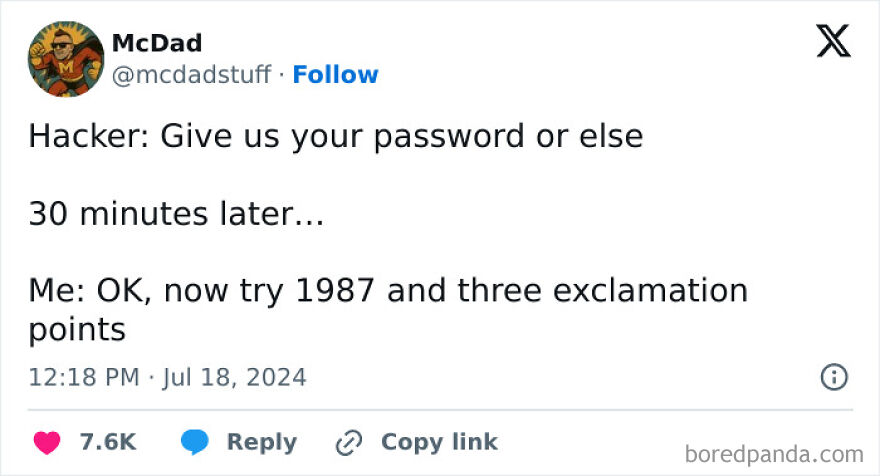 Tweet from McDad joking about using an old password with exclamation points, highlighting common dad humor memes.