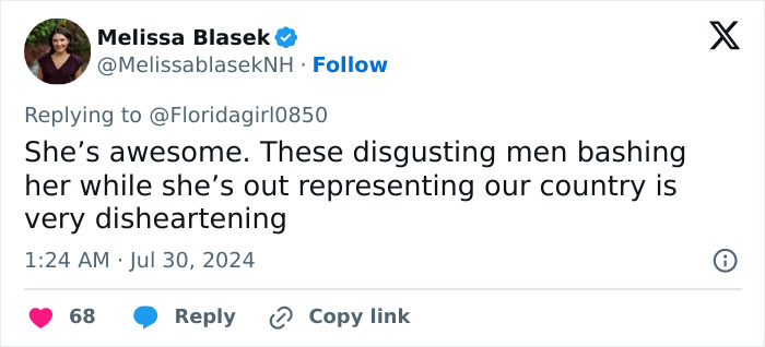 Tweet discussing online backlash against Olympic athlete Ilona Maher who is considered overweight by some critics.