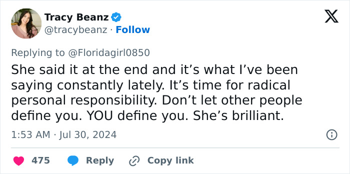 Tweet by Tracy Beanz discussing personal responsibility and self-definition amid debate on considered overweight athlete.