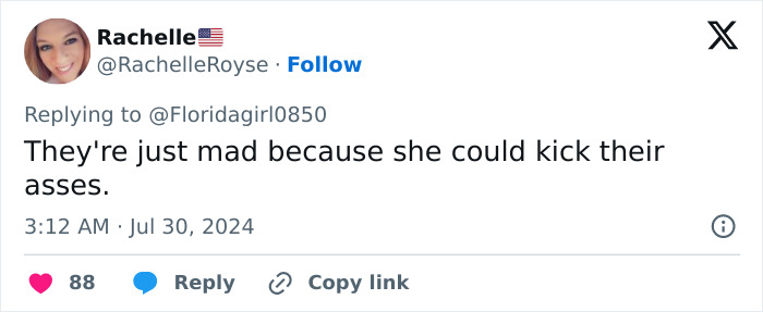 Tweet by user Rachelle responding to a comment about considered overweight Olympic athlete Ilona Maher sparking debate online.