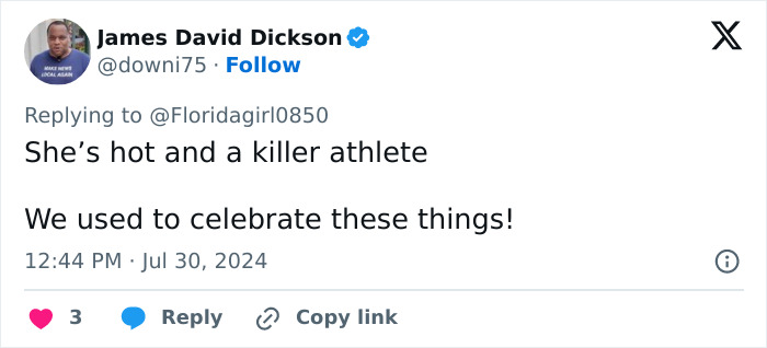 Tweet from James David Dickson commenting on athleticism and celebration amid debate over considered overweight Olympic athlete Ilona Maher.