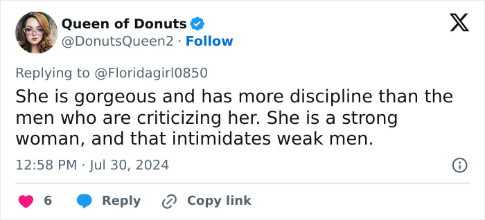 Tweet from user Queen of Donuts praising discipline and strength of Olympic athlete Ilona Maher amid overweight debate online.