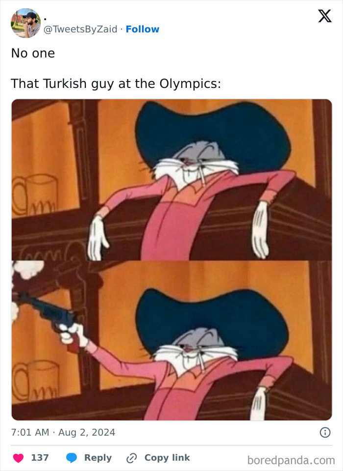 Meme with Bugs Bunny in a cowboy hat, relaxed then firing a gun, reflecting funny and relatable TV memes humor.