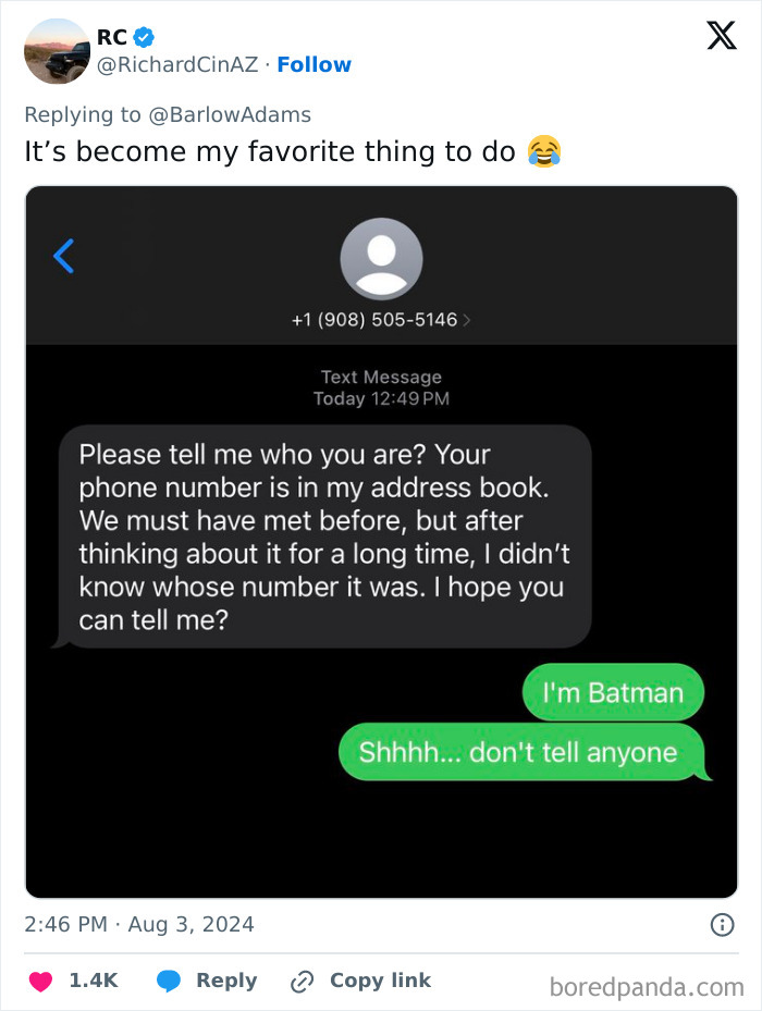 Text message exchange showing a witty response to a scammer with the phrase I'm Batman as a comeback.