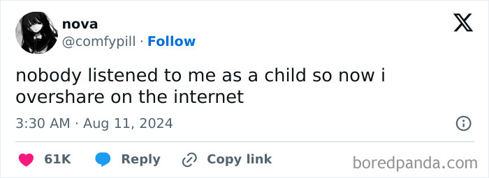 Social media post meme about oversharing online, reflecting funny and relatable memes from the therapy discussion page.