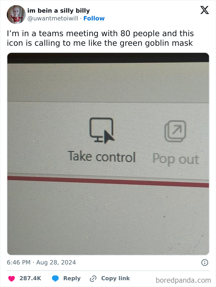 Tweet showing a funny Microsoft Teams meeting icon with a cursor pointing at the take control button in a hilarious tweet.