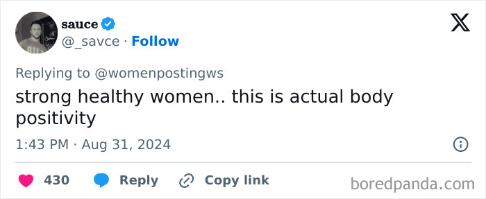 Screenshot of a tweet discussing strong healthy women and actual body positivity amid the considered overweight debate.