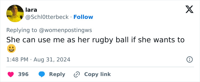 Tweet by user lara with a playful comment about rugby, related to discussion on considered overweight Olympic athlete Ilona Maher.