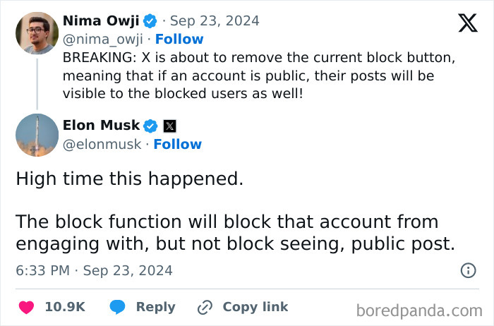 Screenshot of a tweet discussing the removal of the block button and absence of basic logic in social media functions.