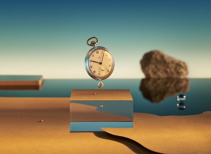Surreal award-winning photo of a melting clock floating above a reflective box in a desert landscape.