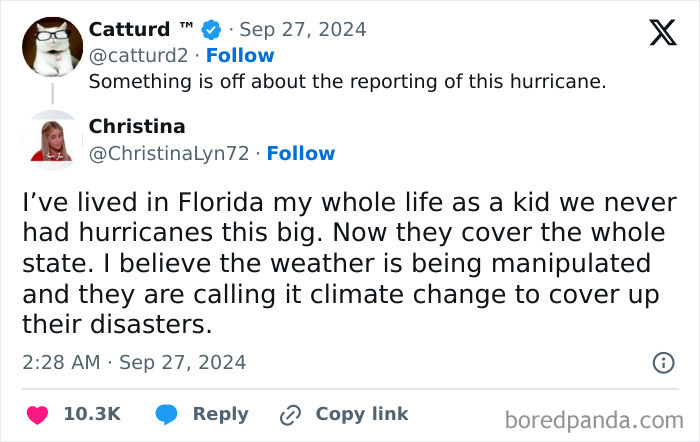 Tweet showing a user denying the size of hurricanes in Florida, highlighting facepalm moments of absent logic and common sense.