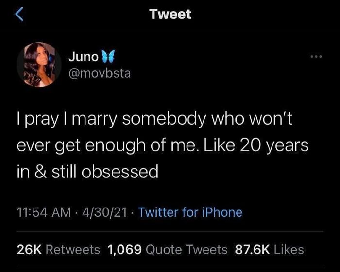 Tweet about wanting to marry someone who stays obsessed after 20 years, relatable relationship meme.