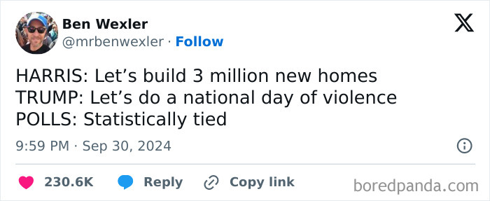 Tweet showing a facepalm moment with illogical political statements and a statistically tied poll result.