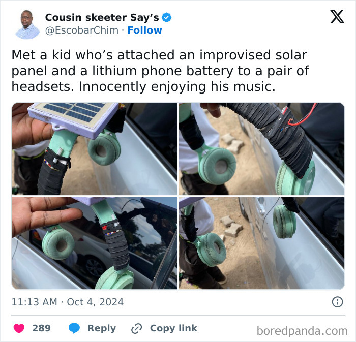 Kid's new invention with improvised solar panel and lithium battery attached to headphones enjoying music outdoors.