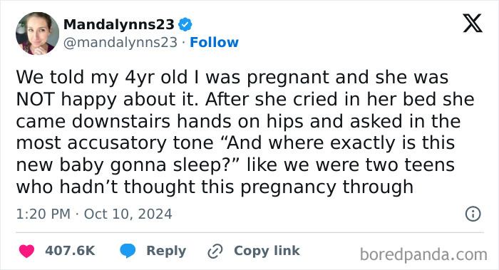 Tweet humor about a 4-year-old's reaction to pregnancy, featured in really dumb tweets collection for laughs.