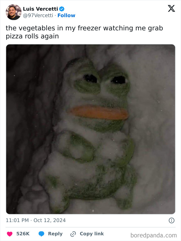Frozen Pepe meme covered in snow with crossed arms, representing hilarious tweets people couldn’t help but share.