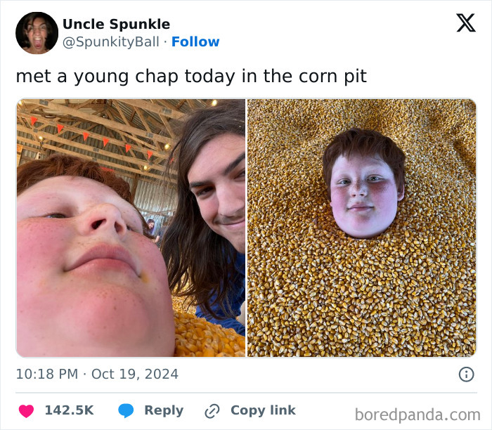 Two photos of a young boy buried in corn kernels with another person smiling, featured in hilarious tweets shared online.