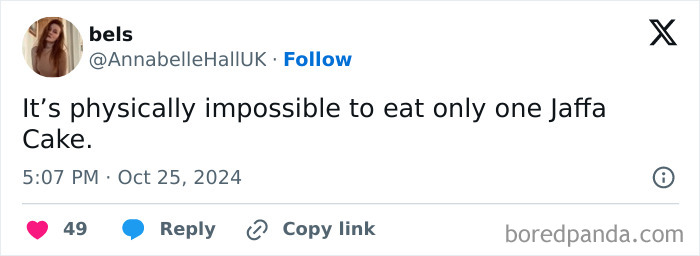 Tweet by user bels humorously stating it's physically impossible to eat only one Jaffa Cake, relating to memes for laughs.