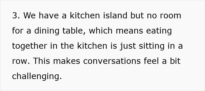 Text describing a mom&rsquo;s struggle with eating together as a family due to limited kitchen space and lack of dining table.
