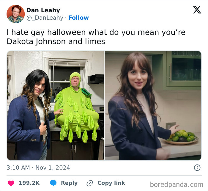 Two people dressed in creative Halloween costumes, one as a lime bunch and the other as Dakota Johnson, showcasing unique costume ideas.