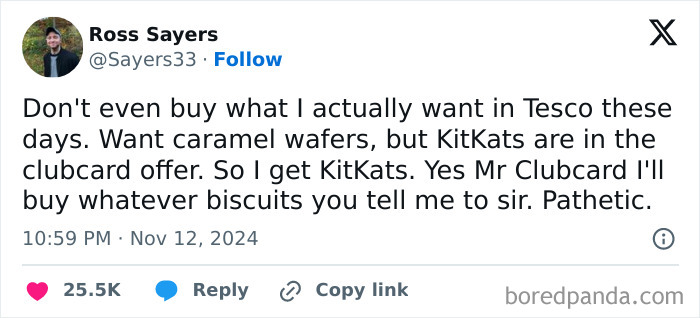 Screenshot of a humorous tweet about buying KitKats instead of preferred caramel wafers, reflecting popular meme content for laughs.