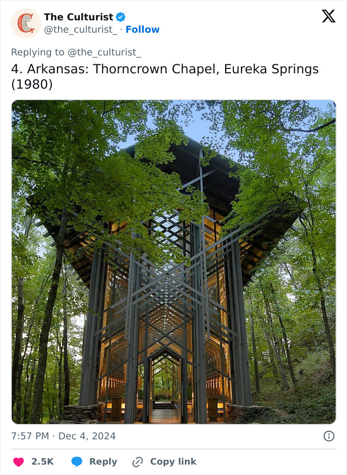 Thorncrown Chapel in Arkansas surrounded by green trees, showcasing beautiful and striking church architecture in the US.