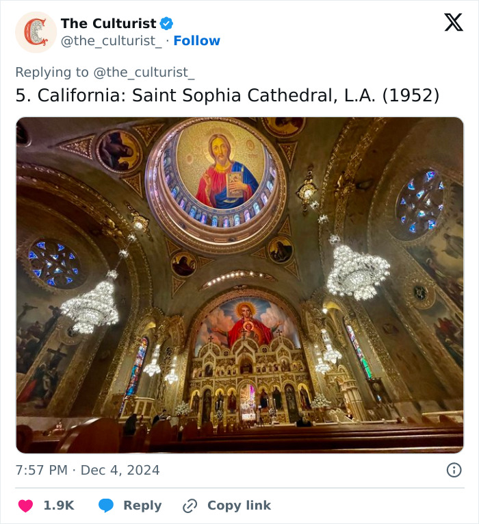 Interior view of Saint Sophia Cathedral in California featuring ornate decorations and stunning church artwork.