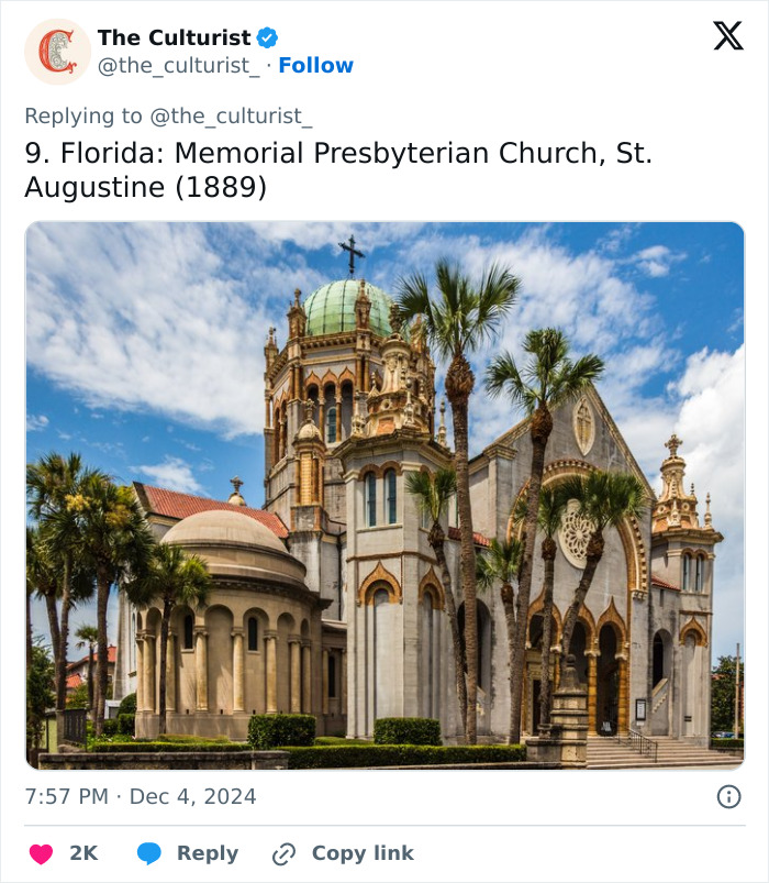 Memorial Presbyterian Church in Florida with striking architecture and palm trees under a bright, partly cloudy sky.